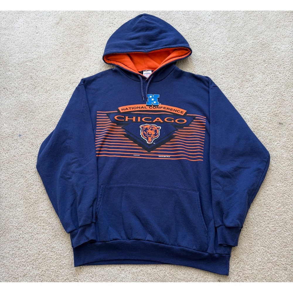 Vintage‎ 1994 Chicago Bears Hoodie Teamwork NFL Navy Blue Orange Mens XL